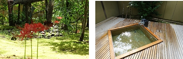 湯布院 亀の井別荘 庭の曼珠沙華、露天風呂